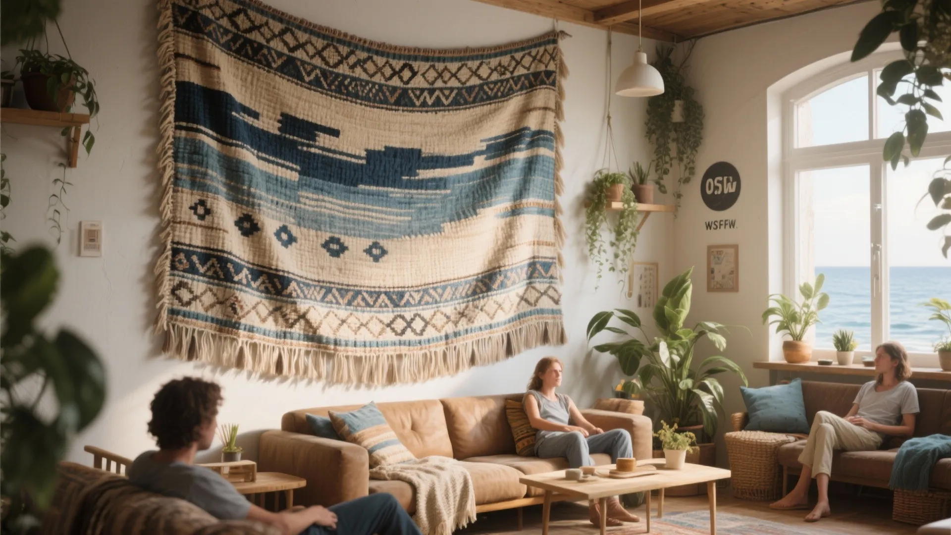 Boho living room with large wall fabric hanging brown sofa green plants and bright window