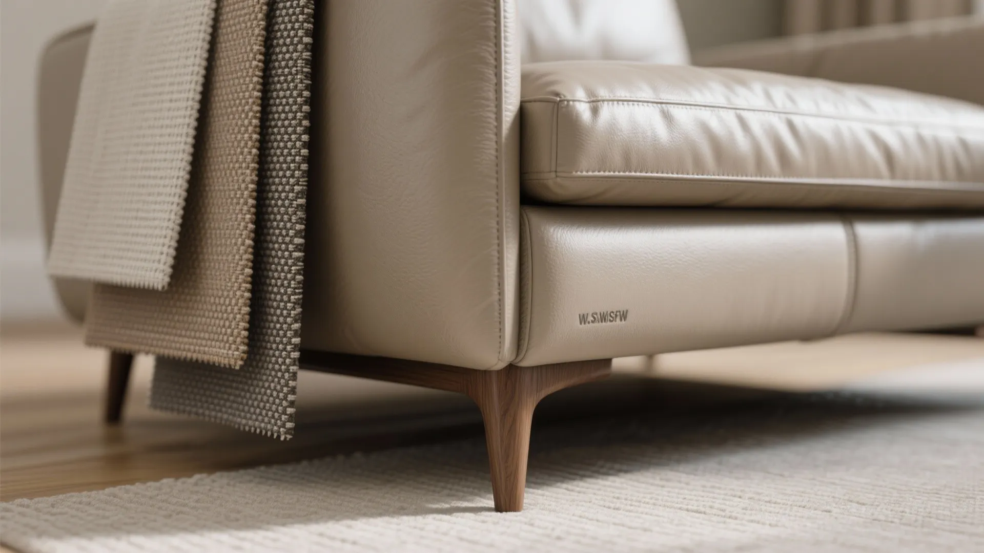 Beige leather sofa corner with wooden legs and fabric samples hanging on the side panel
