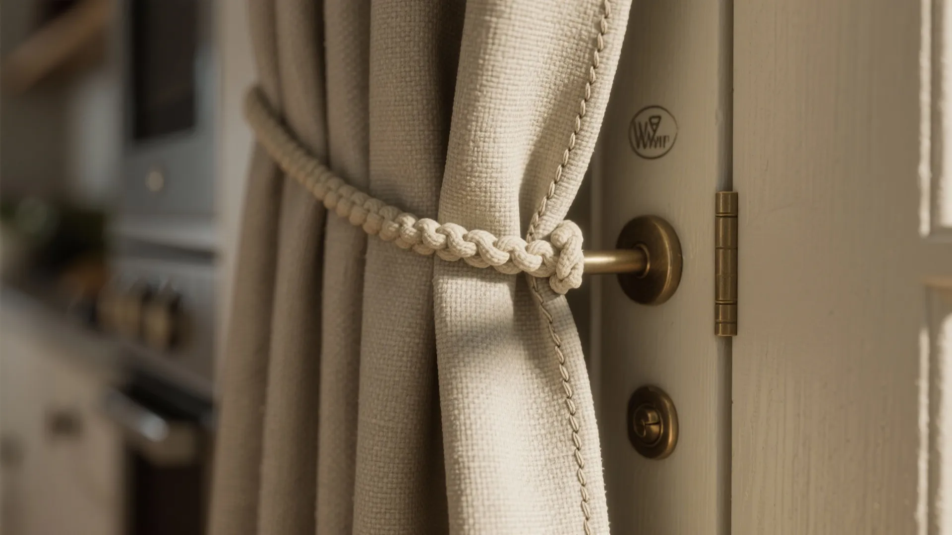 Close up of beige fabric curtain held by a rope tie back near a white door