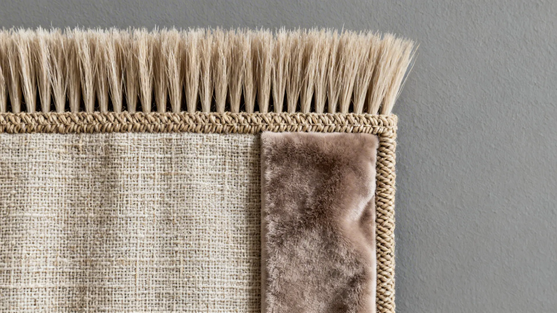 Macro view of linen and velvet curtain fabrics against a grey wall showing weave and pile