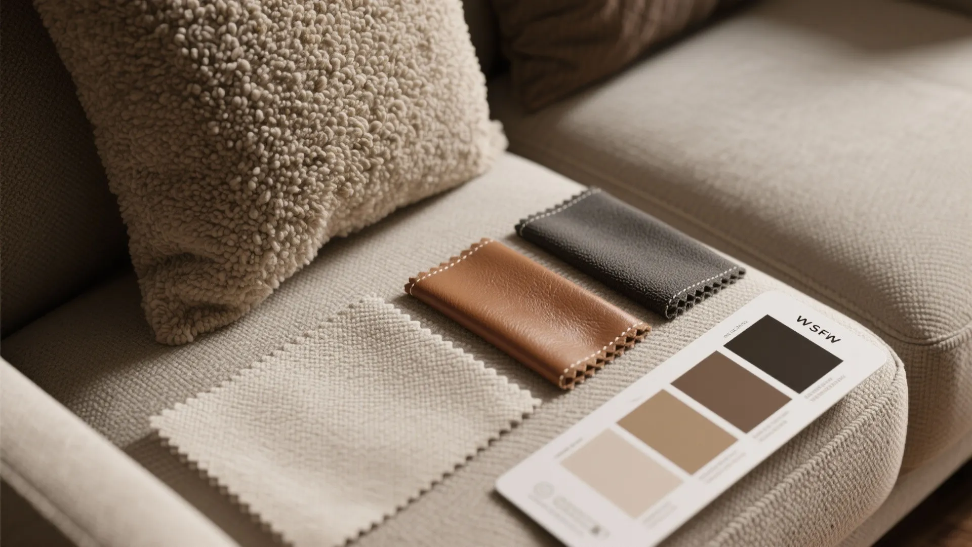 Leather and cloth fabric swatches with a color palette card placed on a beige sofa