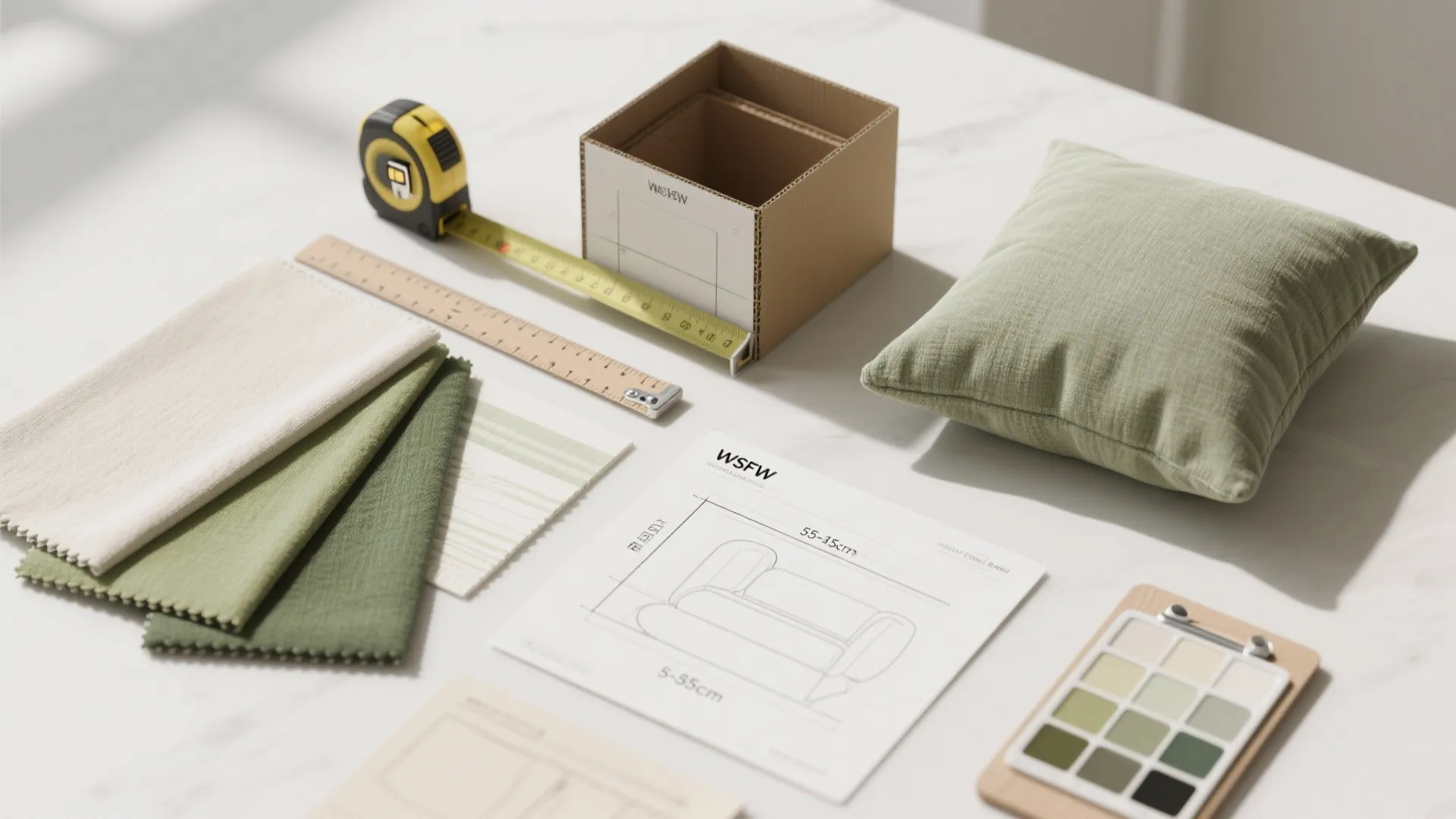Interior design materials including fabric samples measuring tape color palette and green pillow on white table