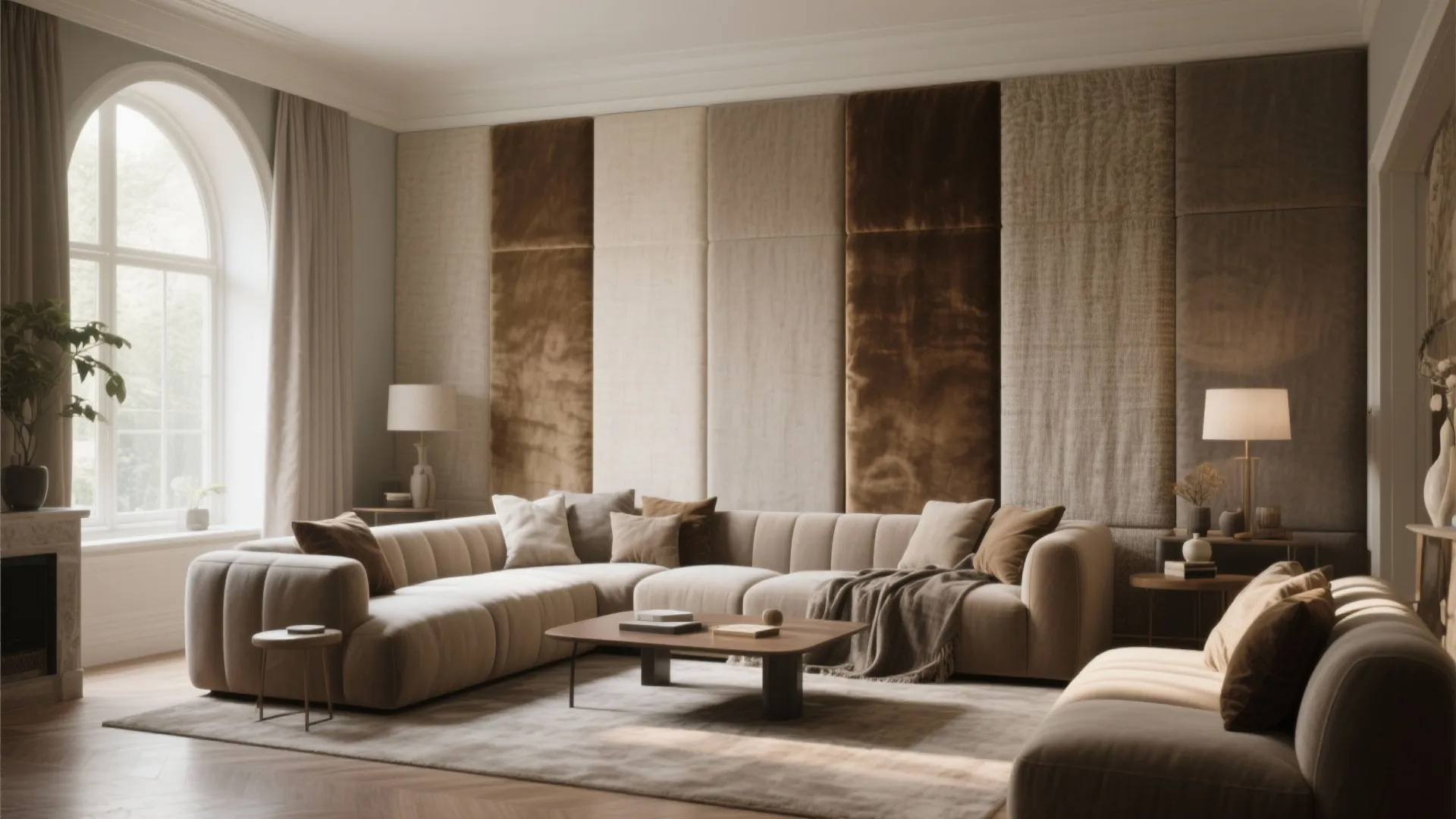 Modern living room with fabric wall panel and large beige sofa on a grey rug