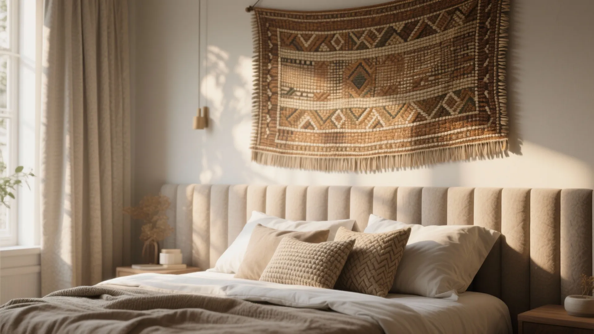 Bohemian bedroom with fabric wall hanging above a padded headboard white pillows and warm lighting