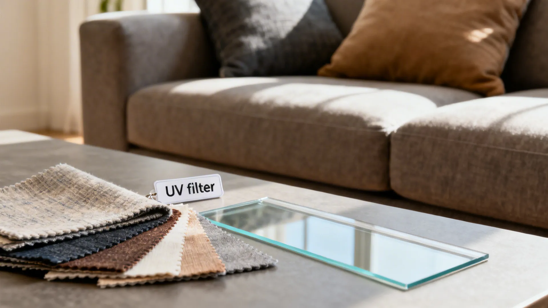 Fabric swatches and a UV-filter sample next to a sofa illustrating sun protection tips