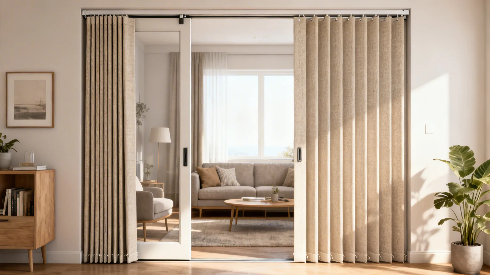 Beige vertical blinds separating a living room area with grey sofa and wood coffee table