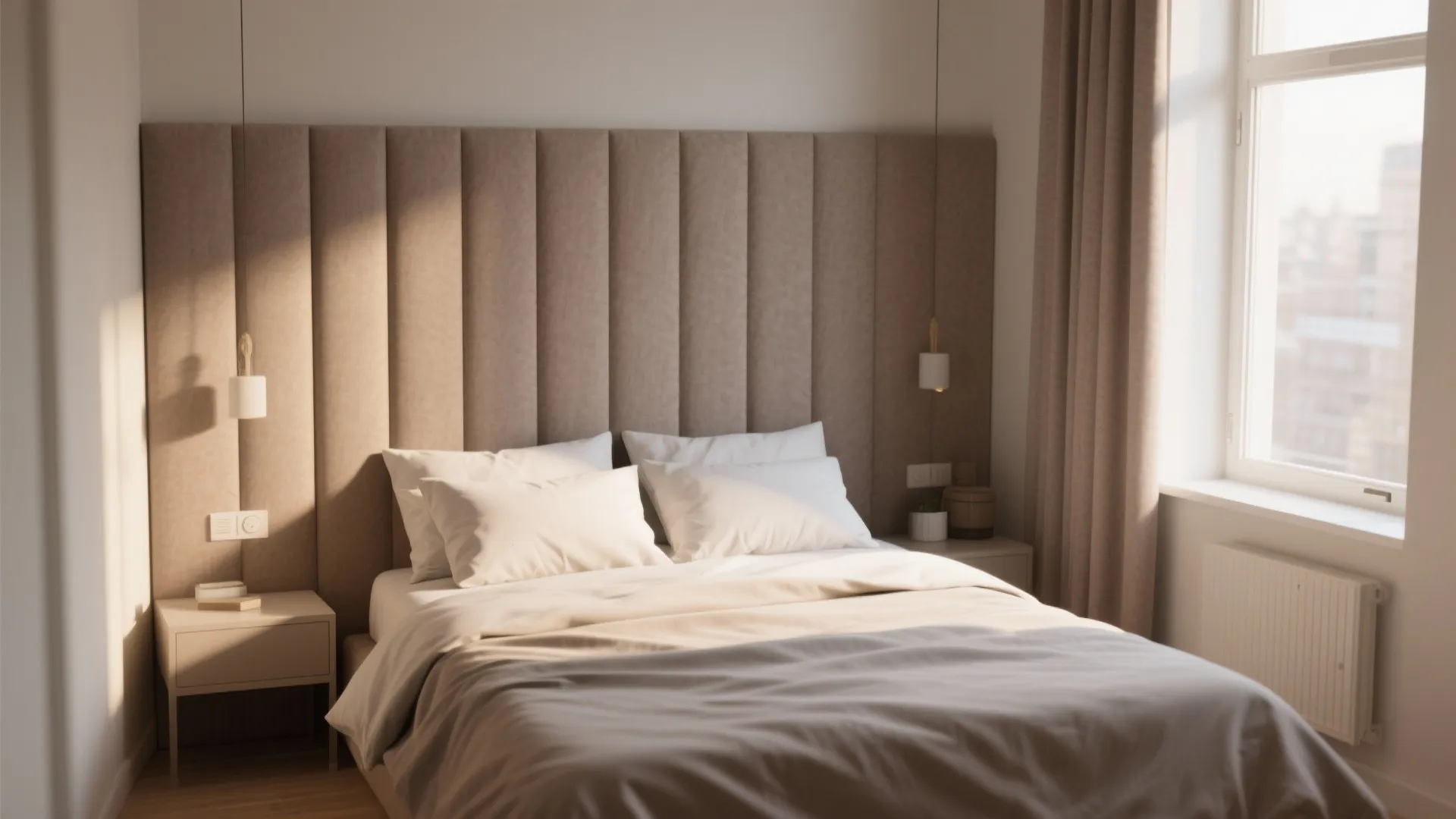 Comfortable bedroom featuring vertical fabric wall panel beige curtains hanging light fixtures and warm sunlight