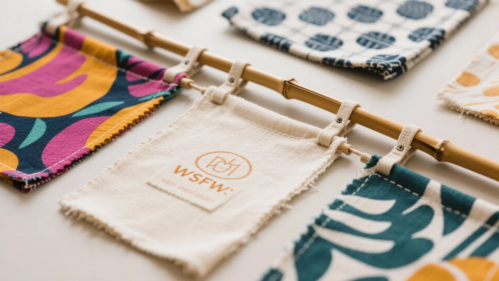 Patterned fabric samples with various designs hanging from a natural wood rod for wall decor projects