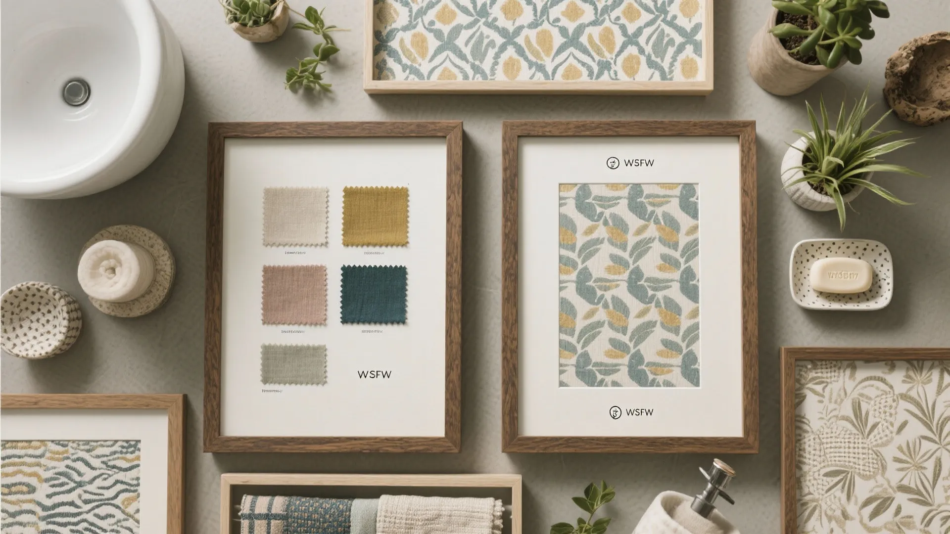 Top view of fabric samples and pattern prints in wooden frames with small green plants