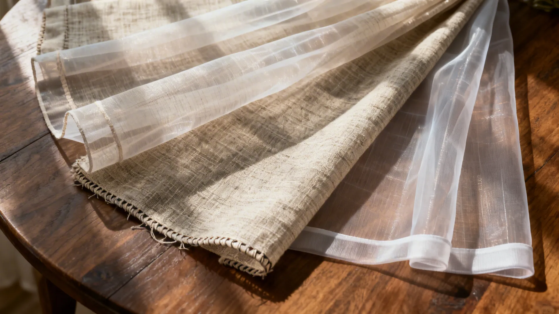 Top-down view of three sheer fabric samples showing different weaves and translucency