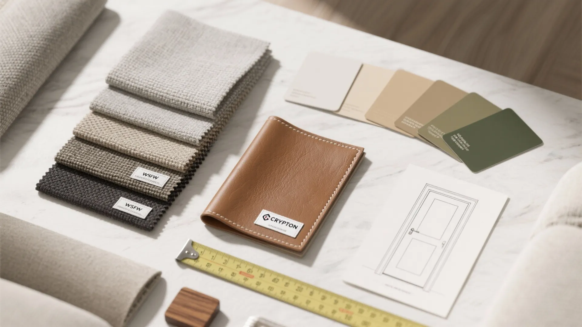 Flatlay of fabric swatches, Crypton tag, wood sample, and measuring tape for loveseat selection and measurement guidance.