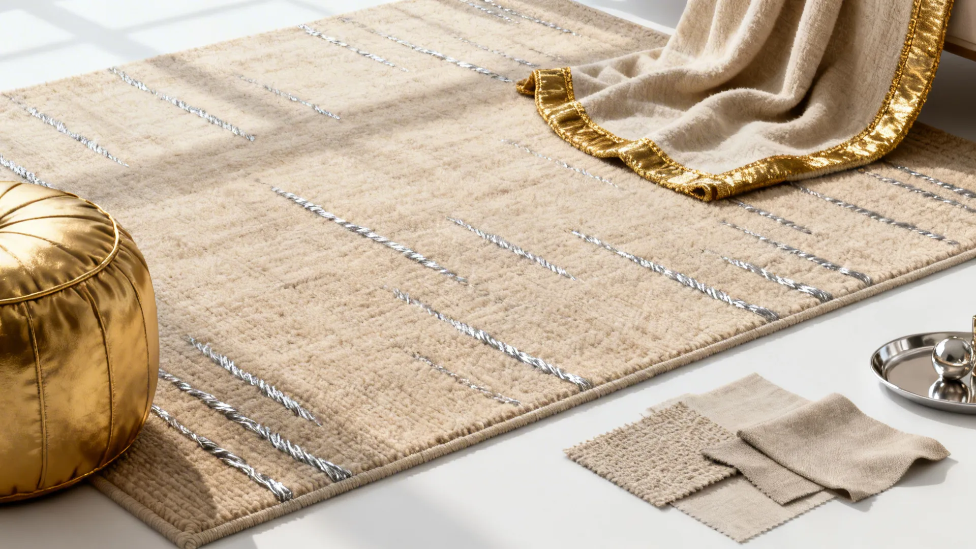Beige rug with silver lines gold footrest fabric samples and a soft blanket with trim