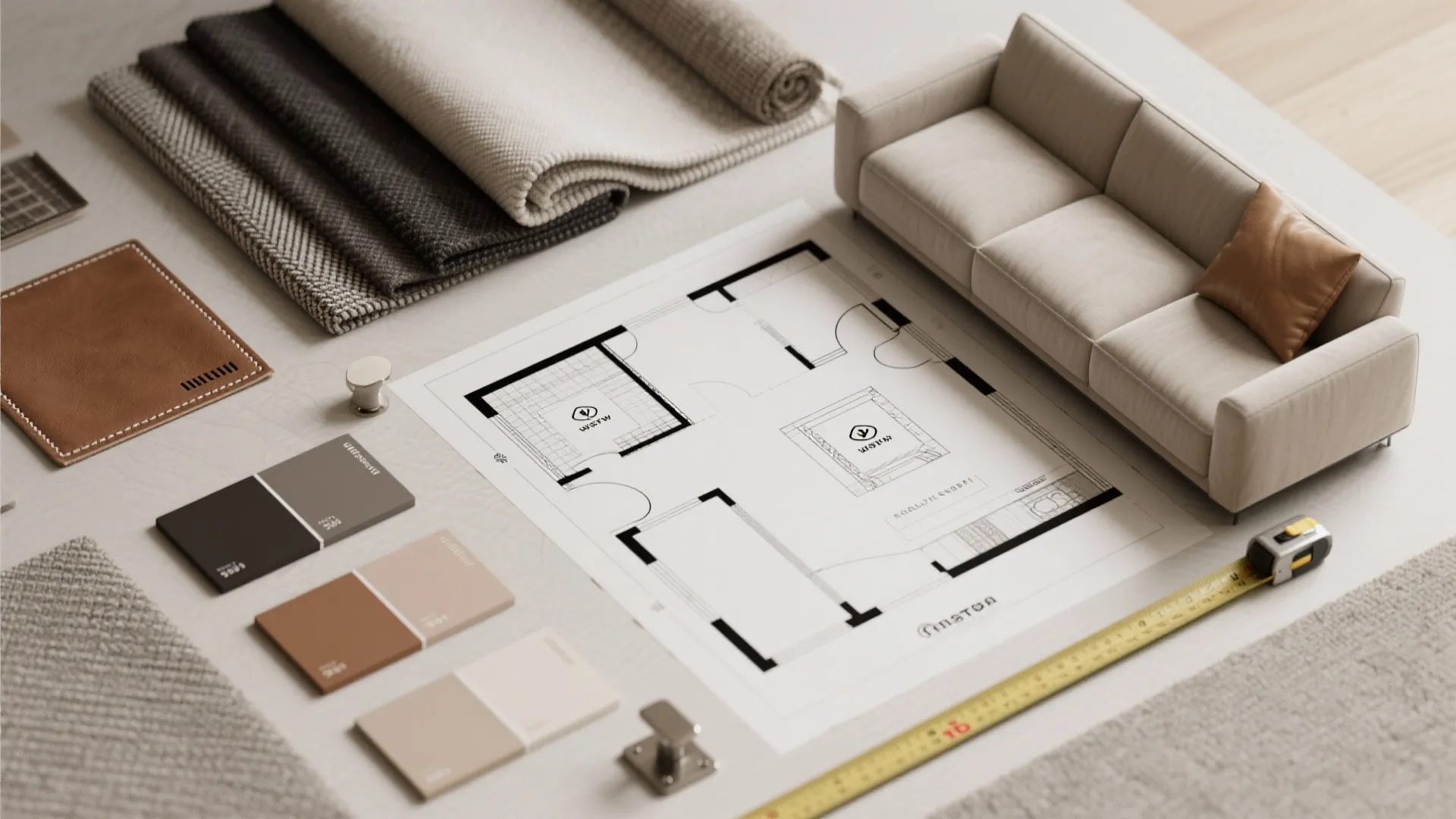 Interior design layout with floor plan fabric samples paint colors small sofa and measuring tape