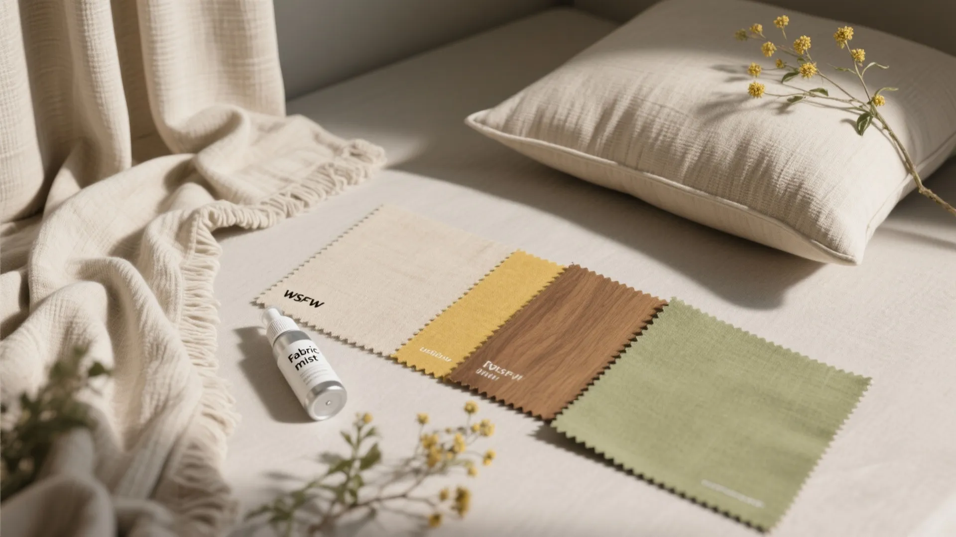 Fabric swatches and fabric mist spray bottle on a bed with a pillow and flowers