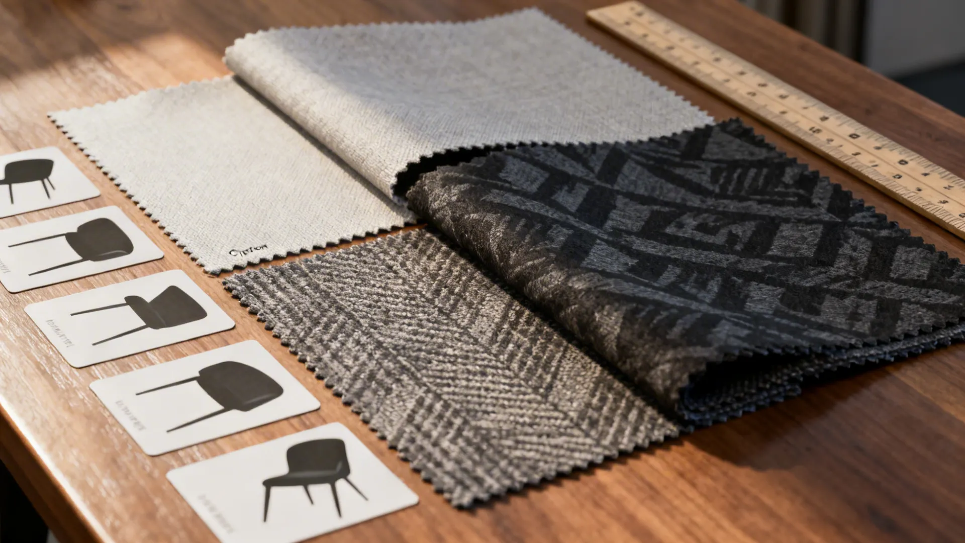 Fabric swatches and measurement tools illustrating upholstery and sizing choices for high-traffic small rooms.