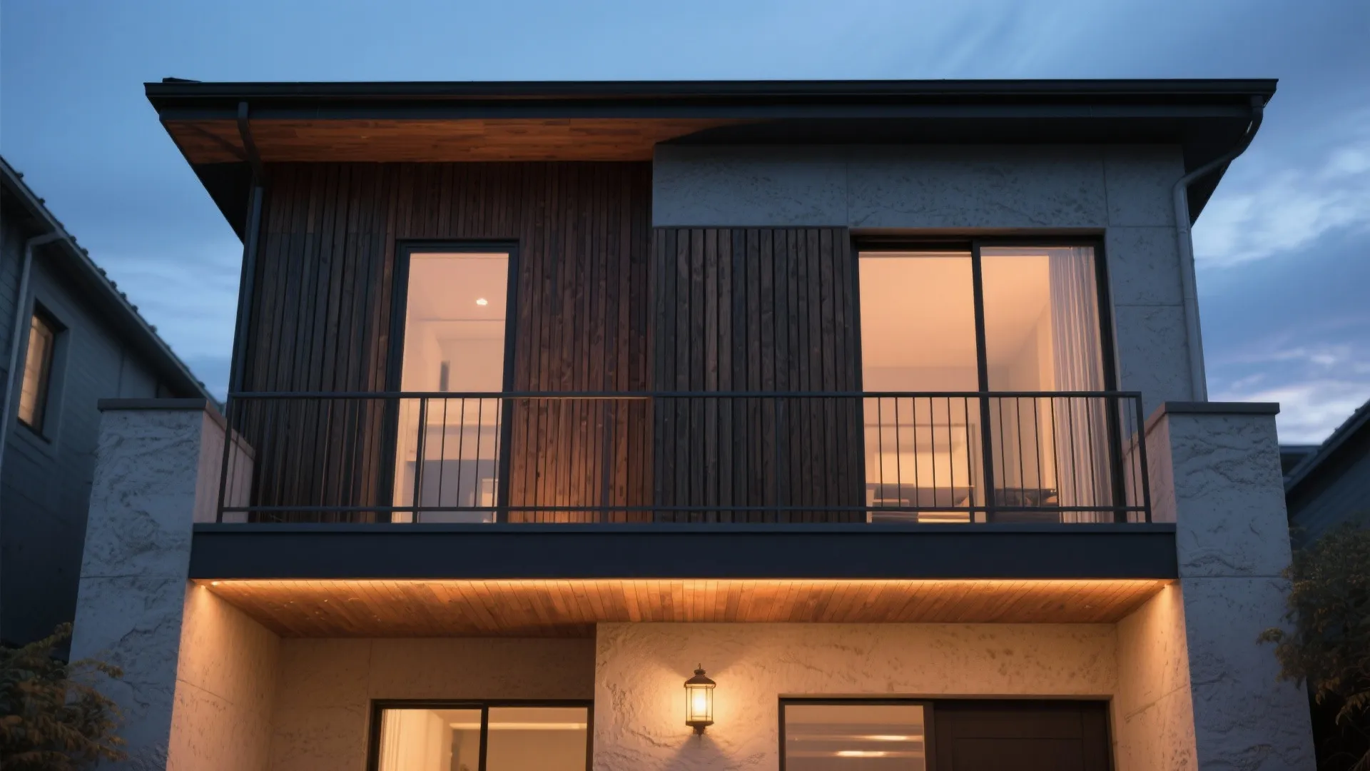 Modern house exterior at night with wooden wall panels balcony railings and warm yellow outdoor lights