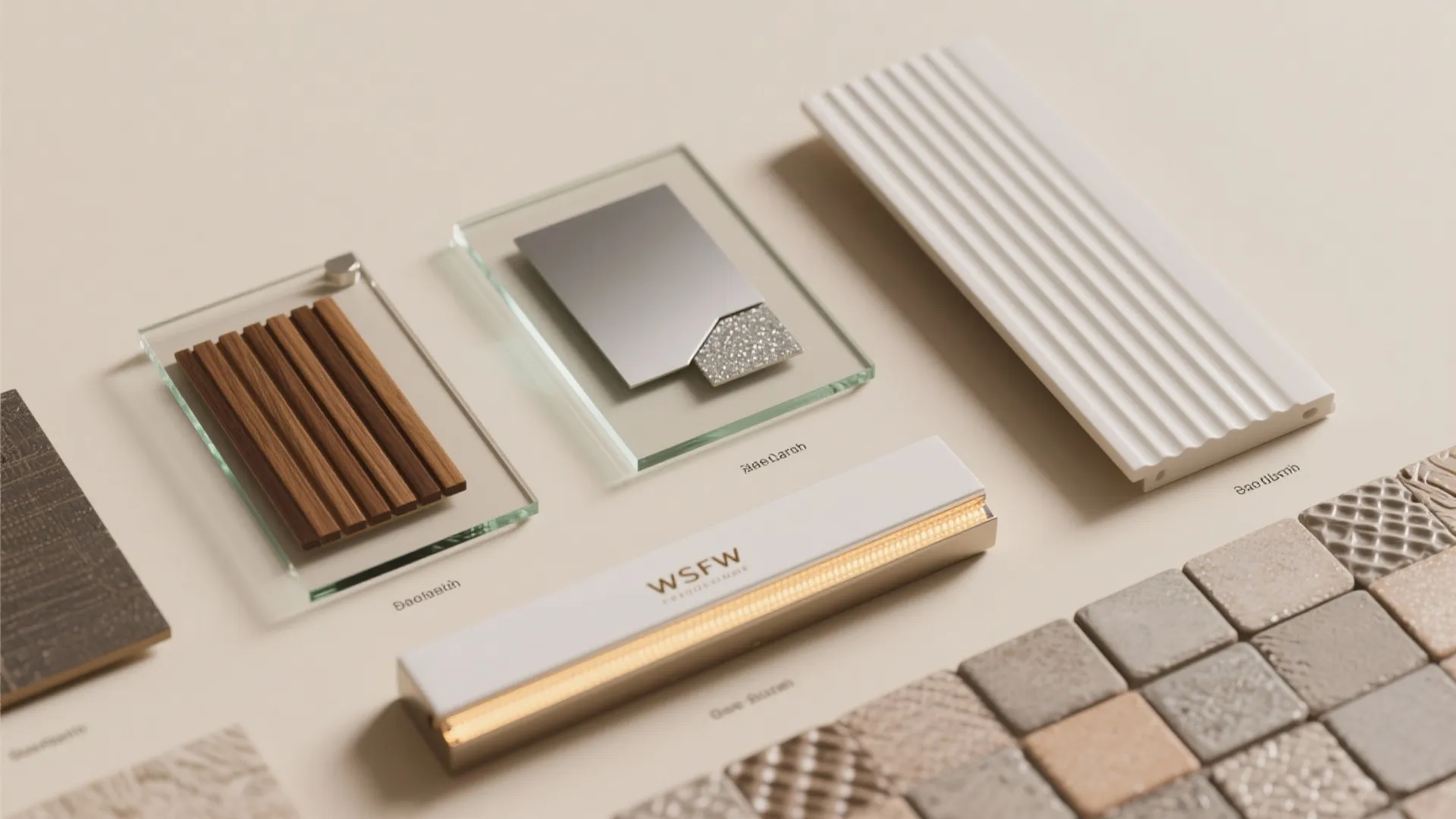 Collection of interior design material samples including wood slats glass metal tiles and wall panel