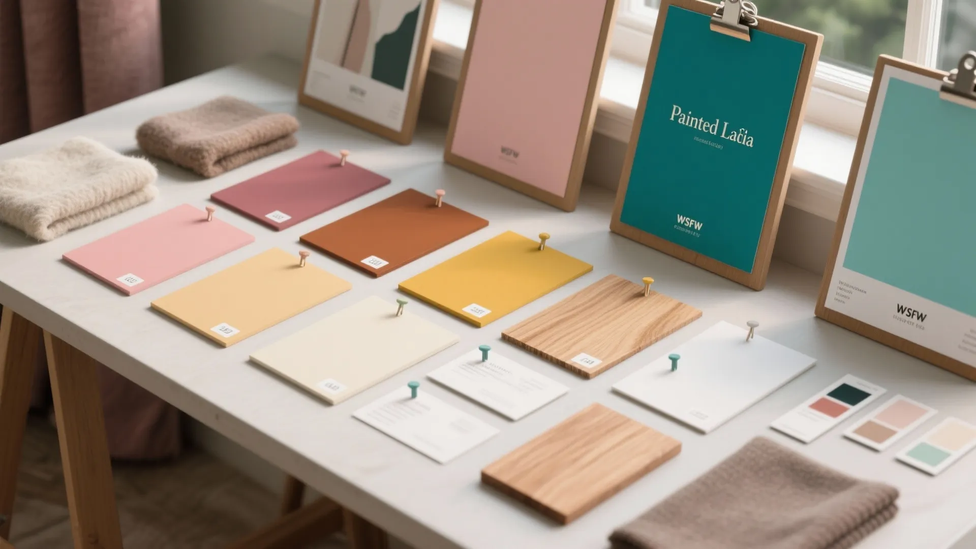 Colorful paint swatches and wood samples arranged on a white table for interior design planning