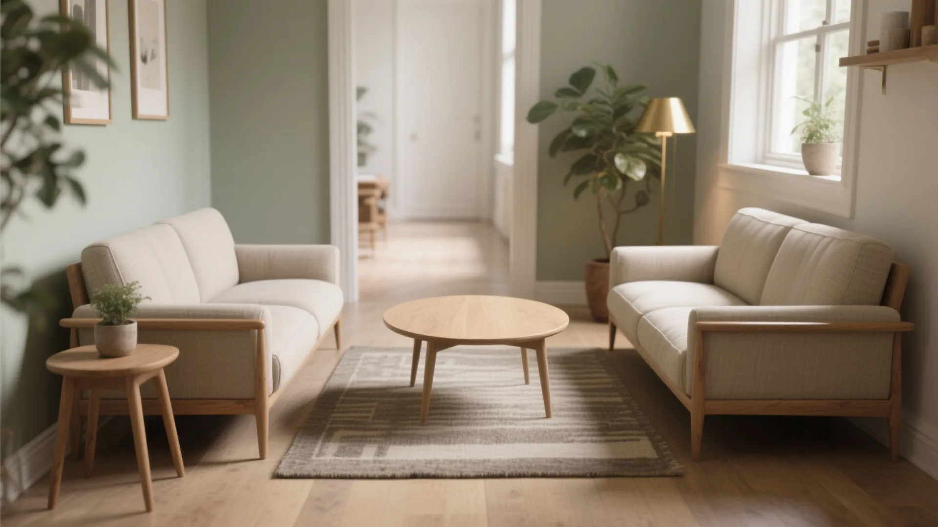 Face-to-face sofas in a compact living room with oval table, clear walkways, and cozy symmetry.