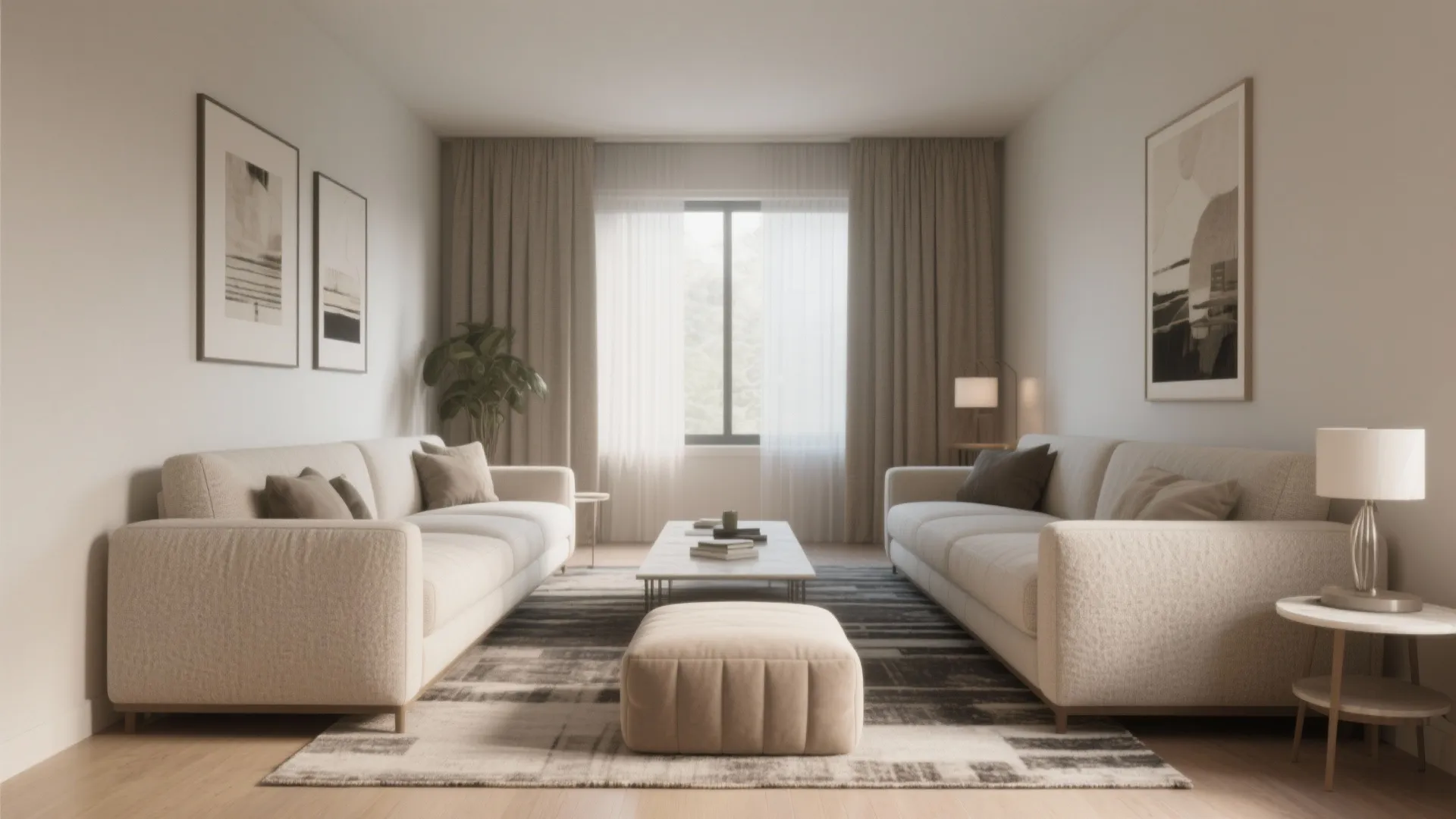 Symmetrical living room design with two facing sofas, a footrest, coffee table, and large window