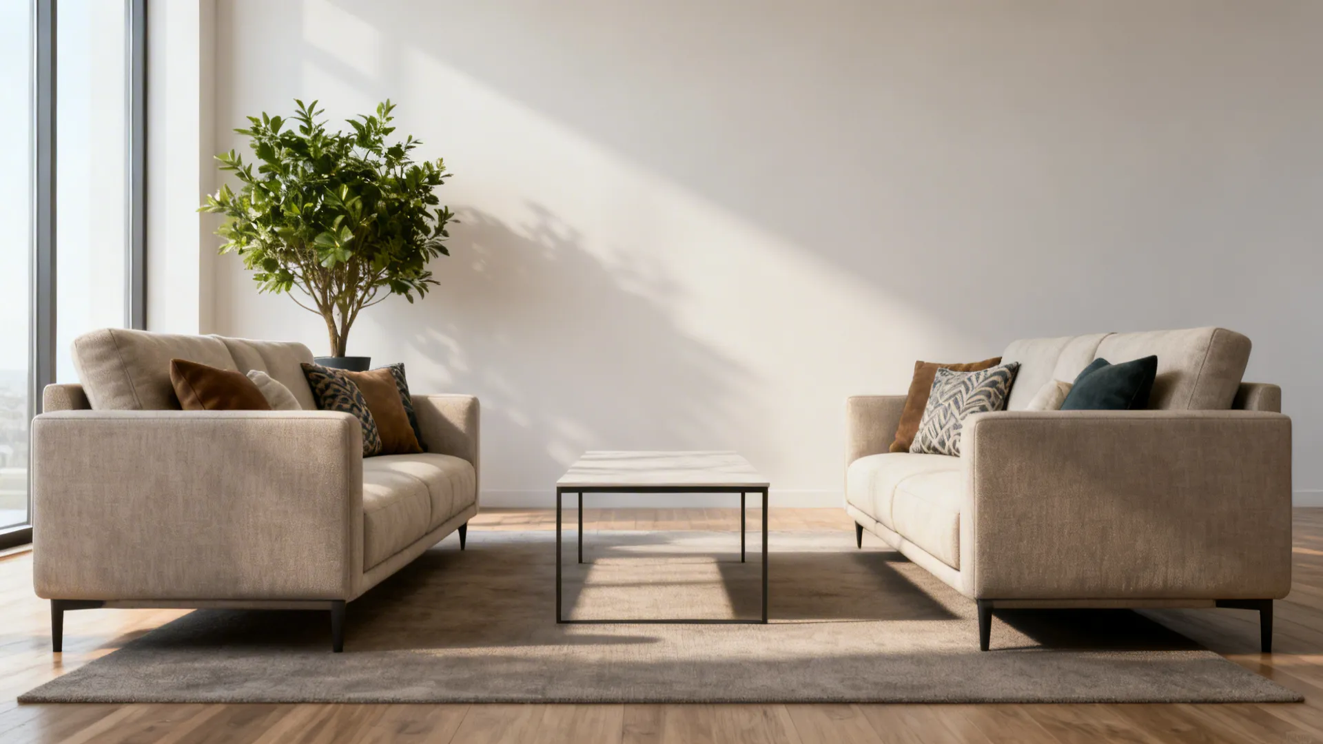 Two sofas facing each other with a slim coffee table and clear circulation space.