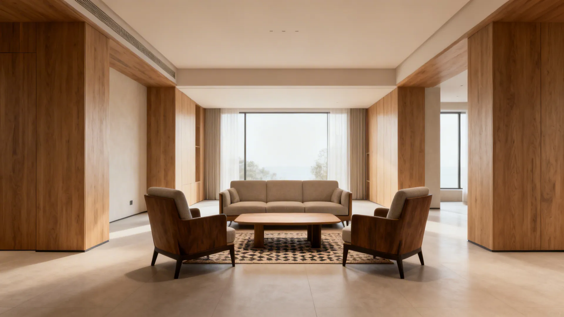 Living room with a couch opposite two chairs and a central coffee table forming an intimate conversation zone.