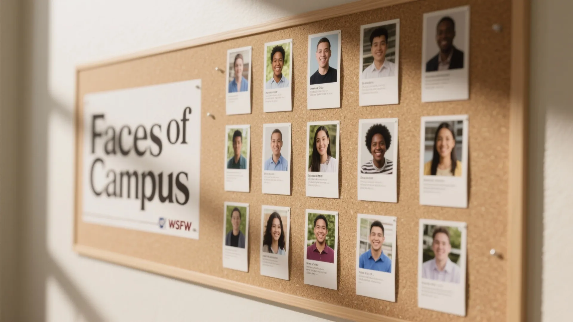 Cork board titled Faces of Campus displaying rows of small portrait photos showing many students