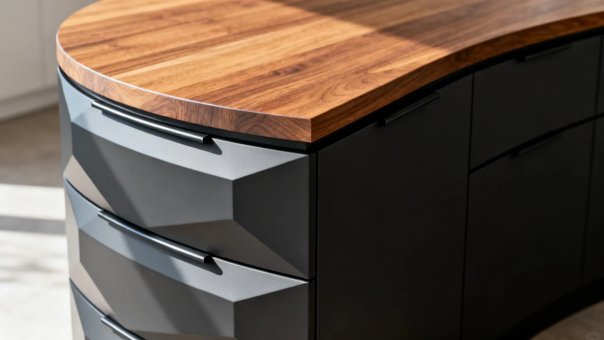 3) Storage-Forward C-Shape with Drawer Banks and a Hidden Niche