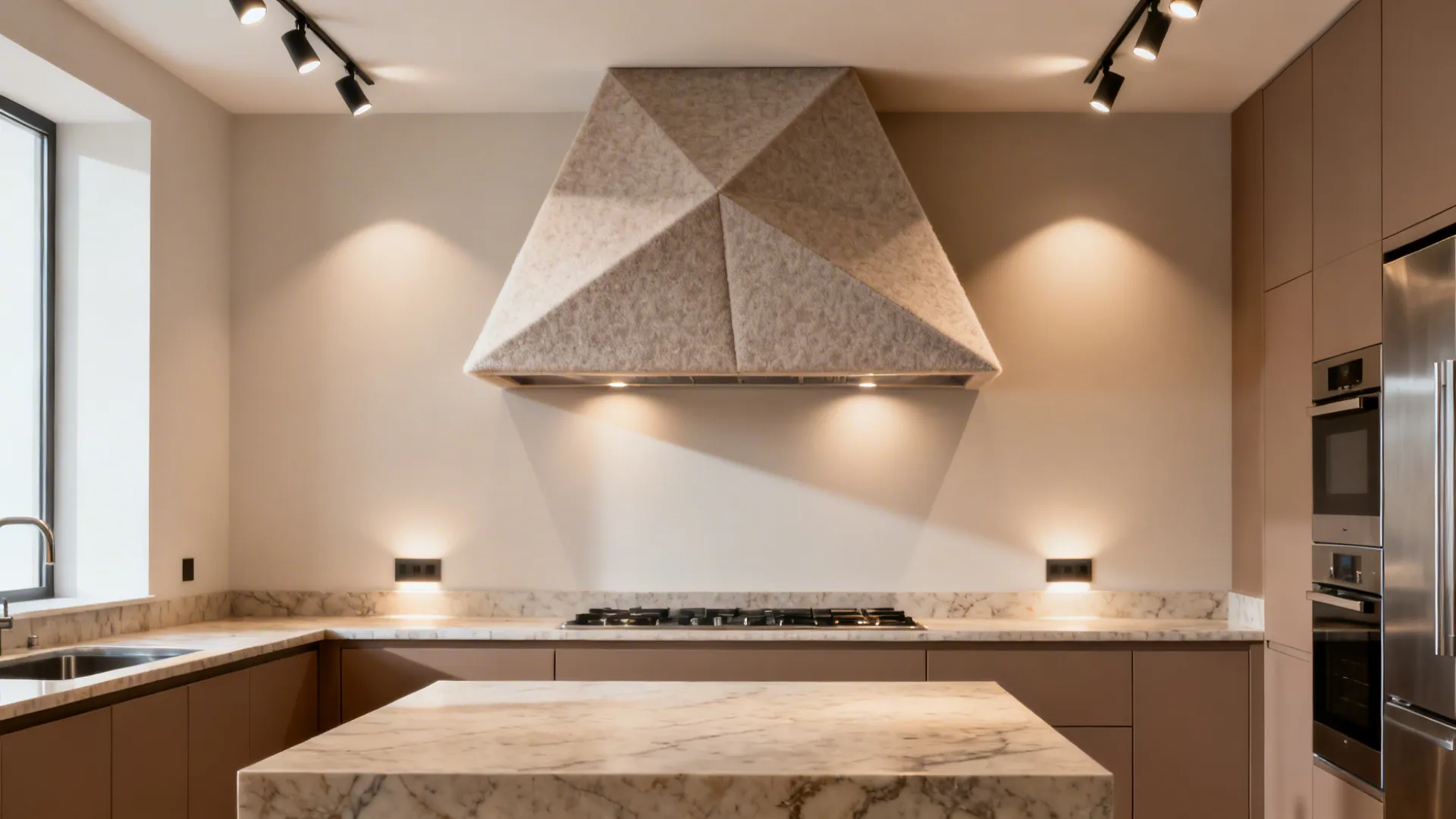 Studio kitchen with a faceted acoustic felt hood and layered triangular lighting.