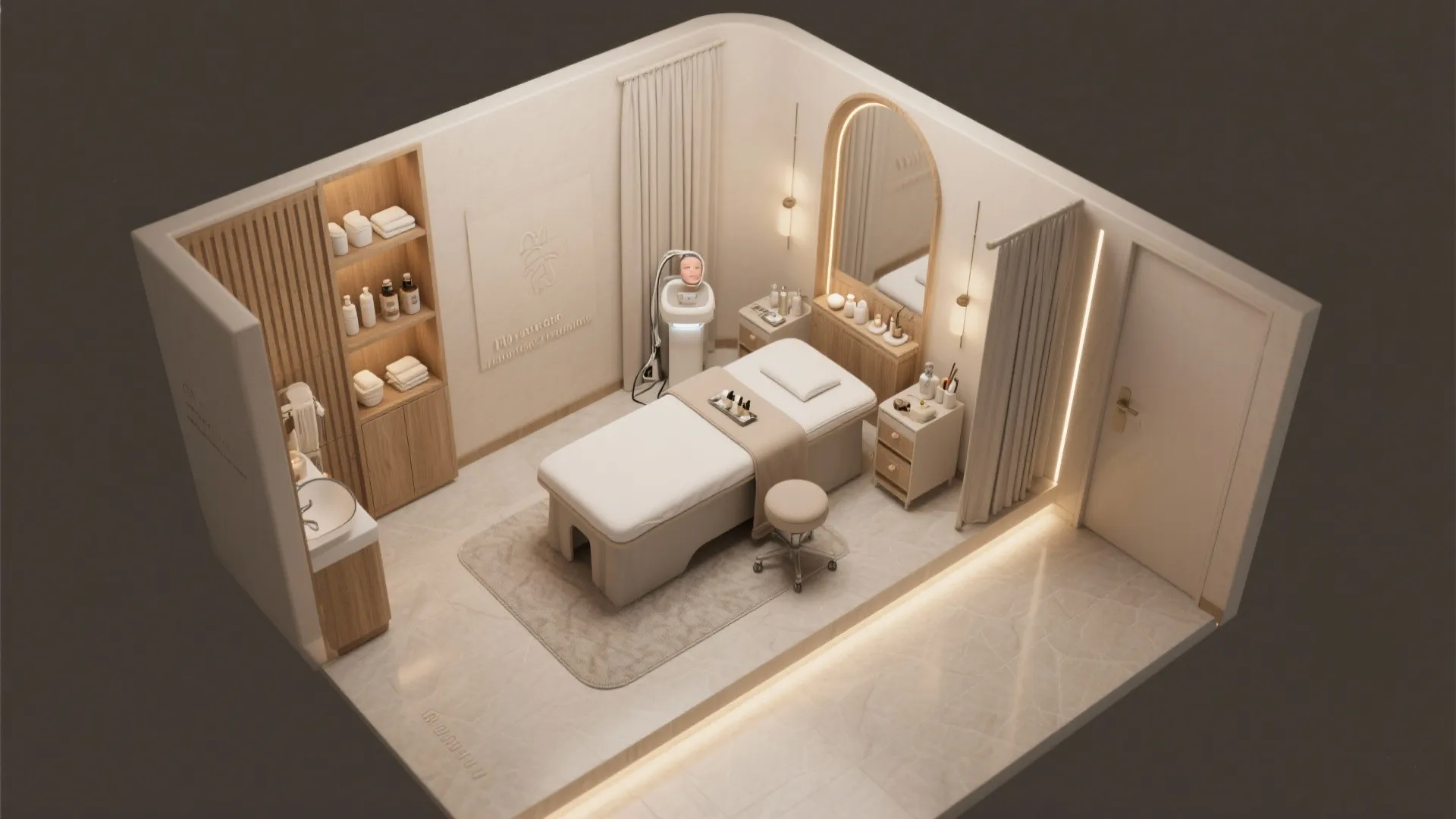 Interior design drawing of a small beauty room with massage bed wooden cabinet and arched mirror
