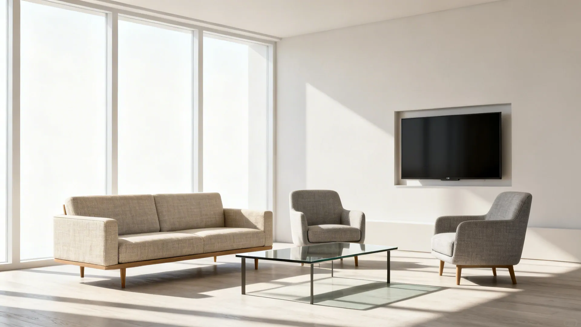 Narrow two-seater facing two compact chairs to create an intimate seating zone