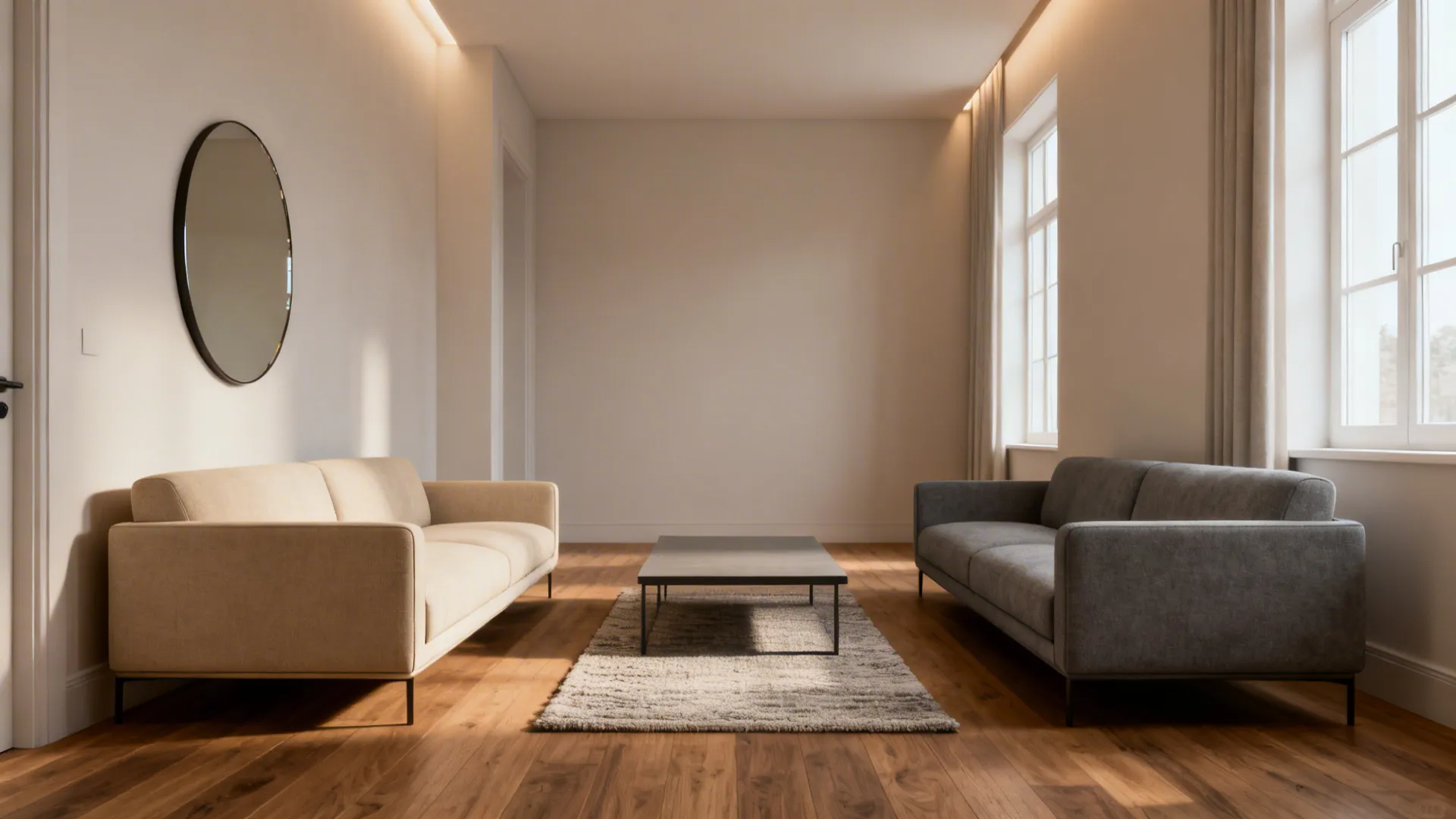 Narrow living room with two sofas facing each other across a low coffee table and rug.