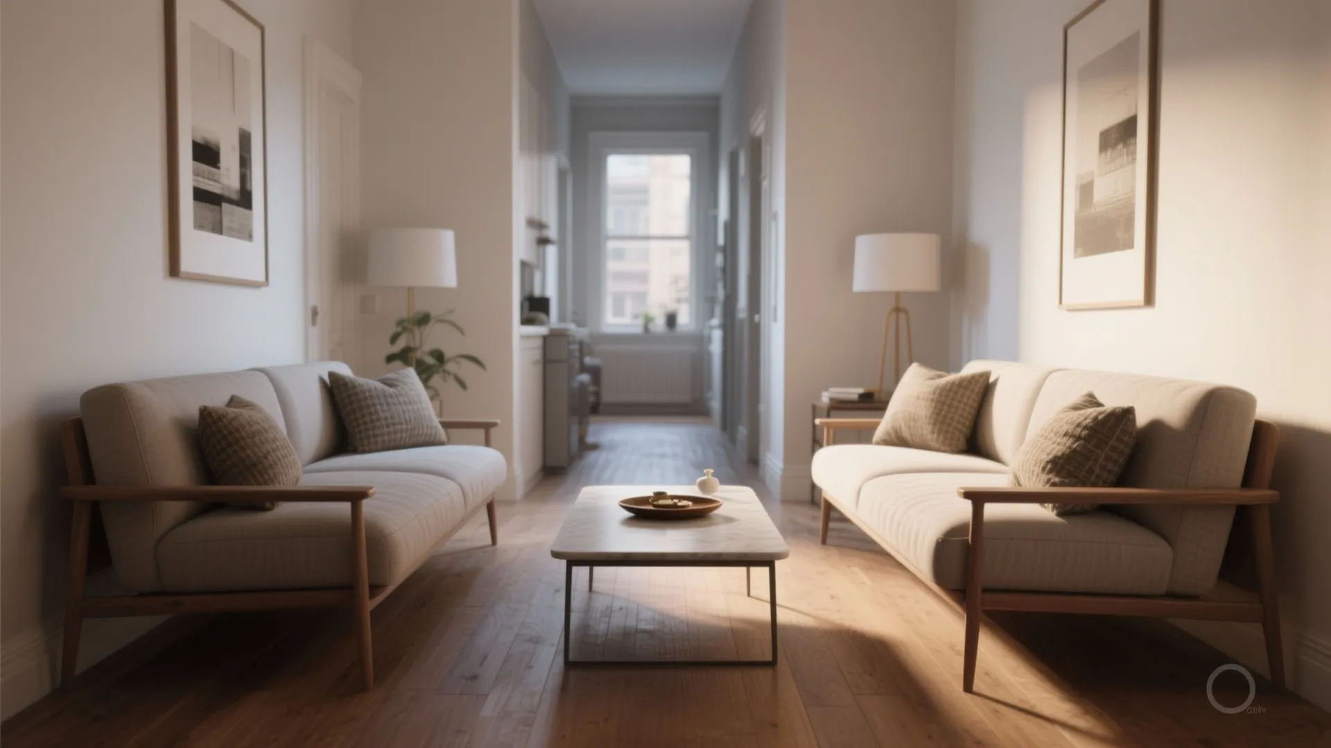 Two beige sofas facing each other in a hallway with marble coffee table and wooden floor
