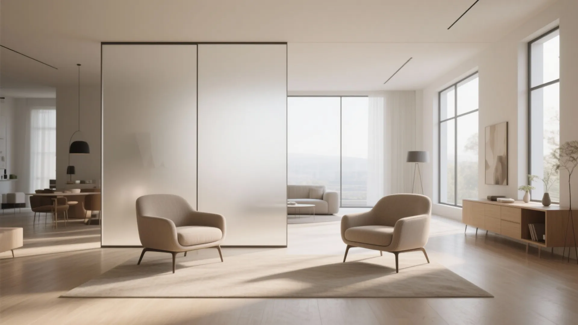 Two chairs facing another two in an open-plan space