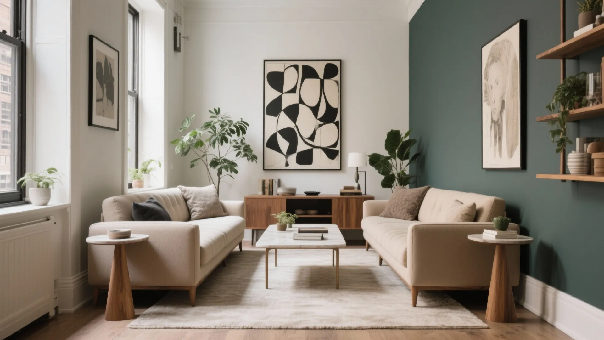 Modern living room layout featuring two beige sofas facing each other with dark green wall