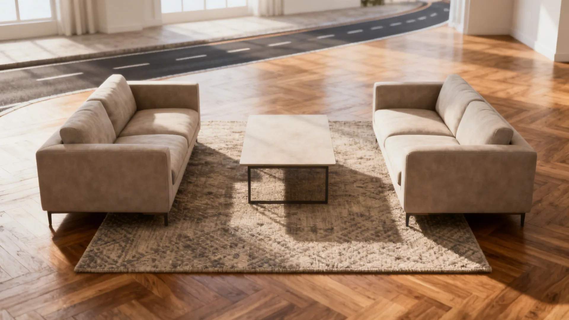 Small square living room with two facing low-profile sofas and a coffee table promoting conversation.