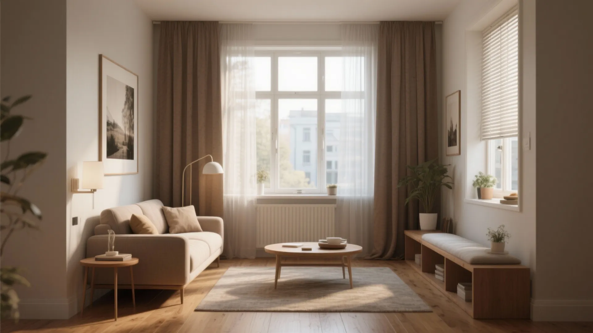 Cozy living room interior with beige sofa round wooden coffee table brown curtains and natural light
