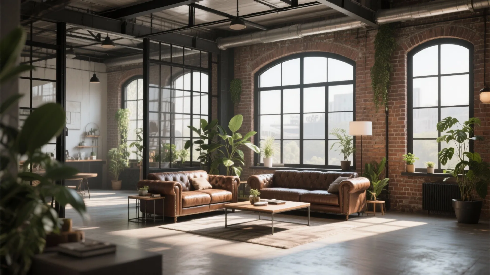 Industrial living room with red brick walls, large windows, brown leather sofas, plants, and sunlight