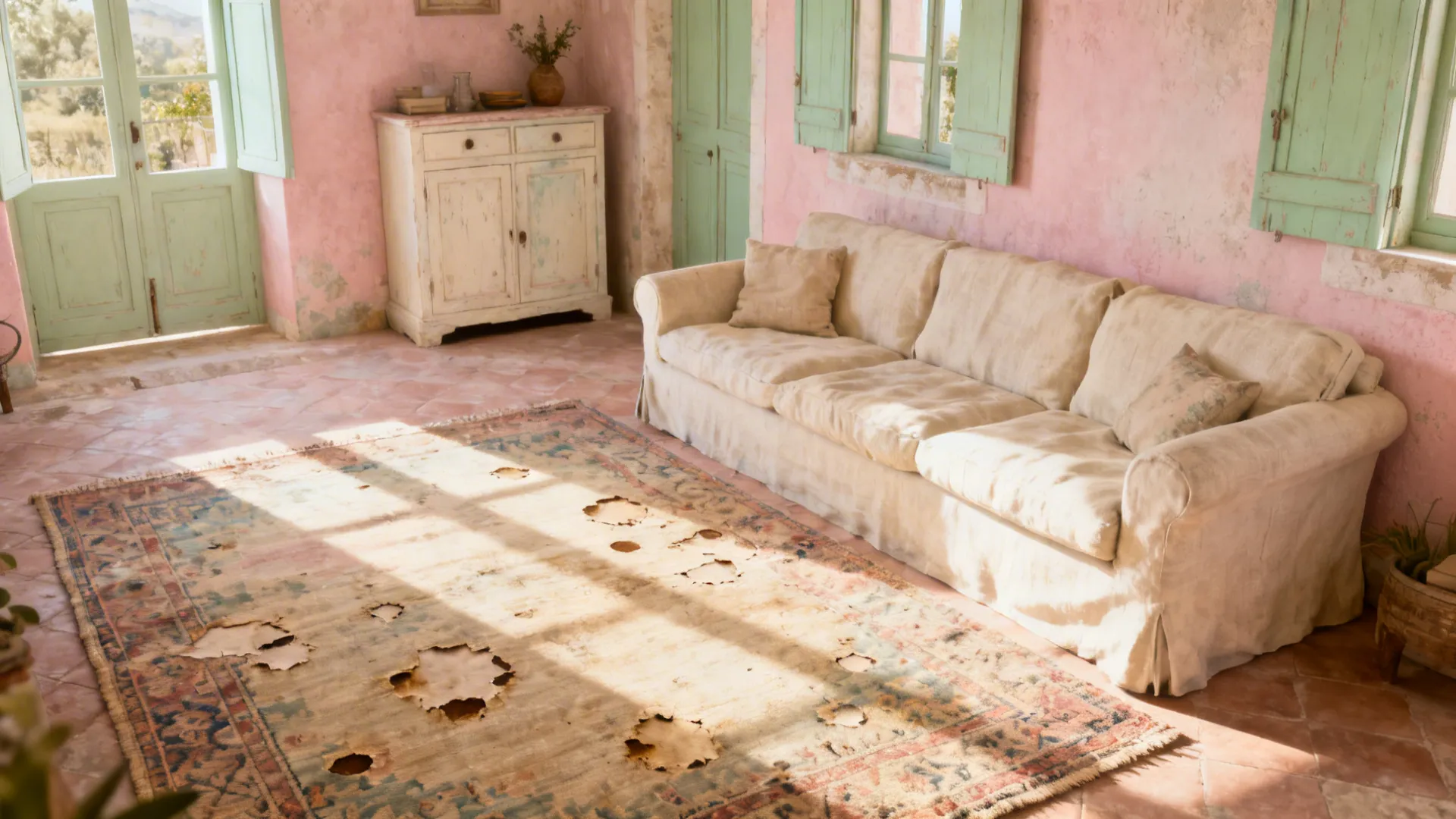 Faded oriental rug in pastel tones in a living room with plaster walls and linen sofa