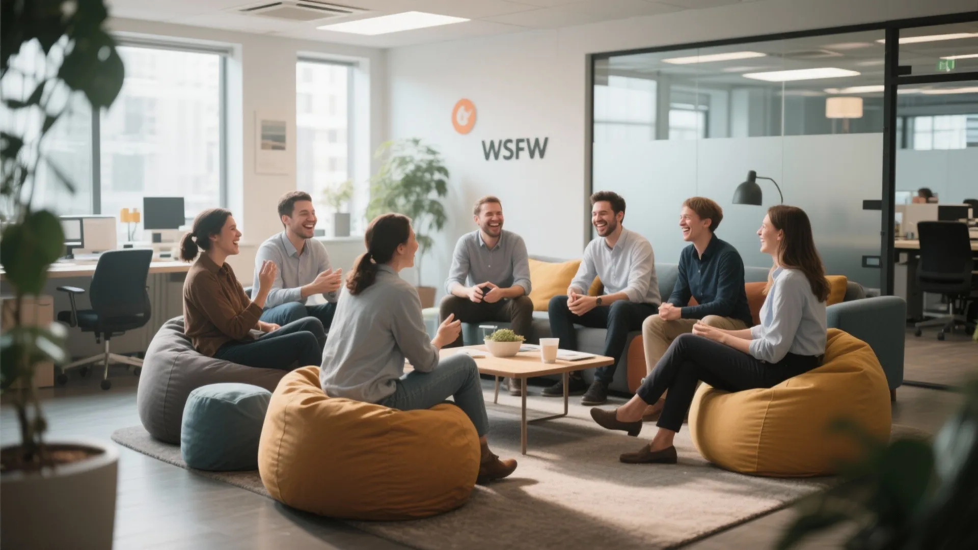 Small office team laughing together on bean bags