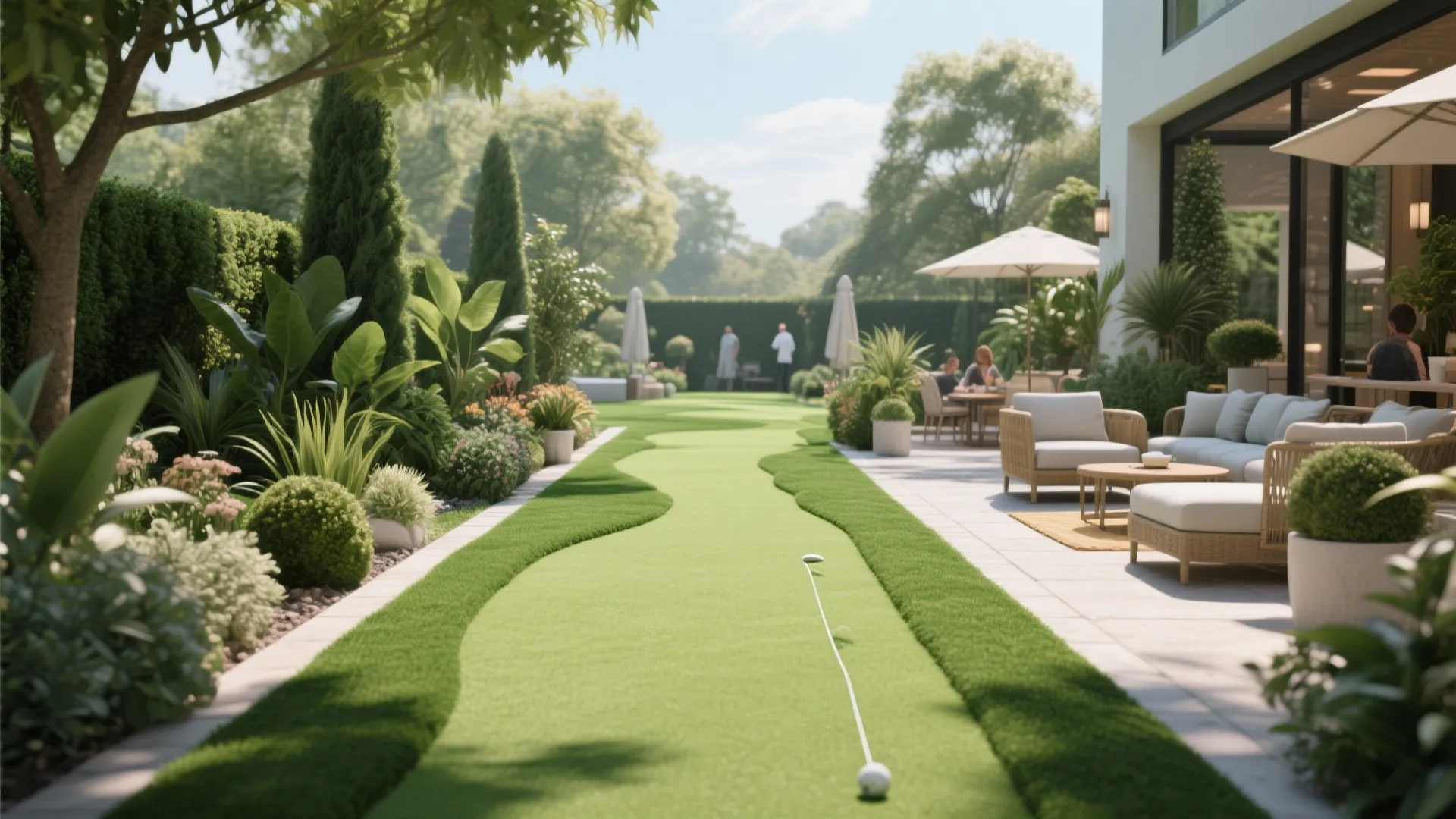 Modern backyard garden with a curved green grass path next to a white outdoor sofa set