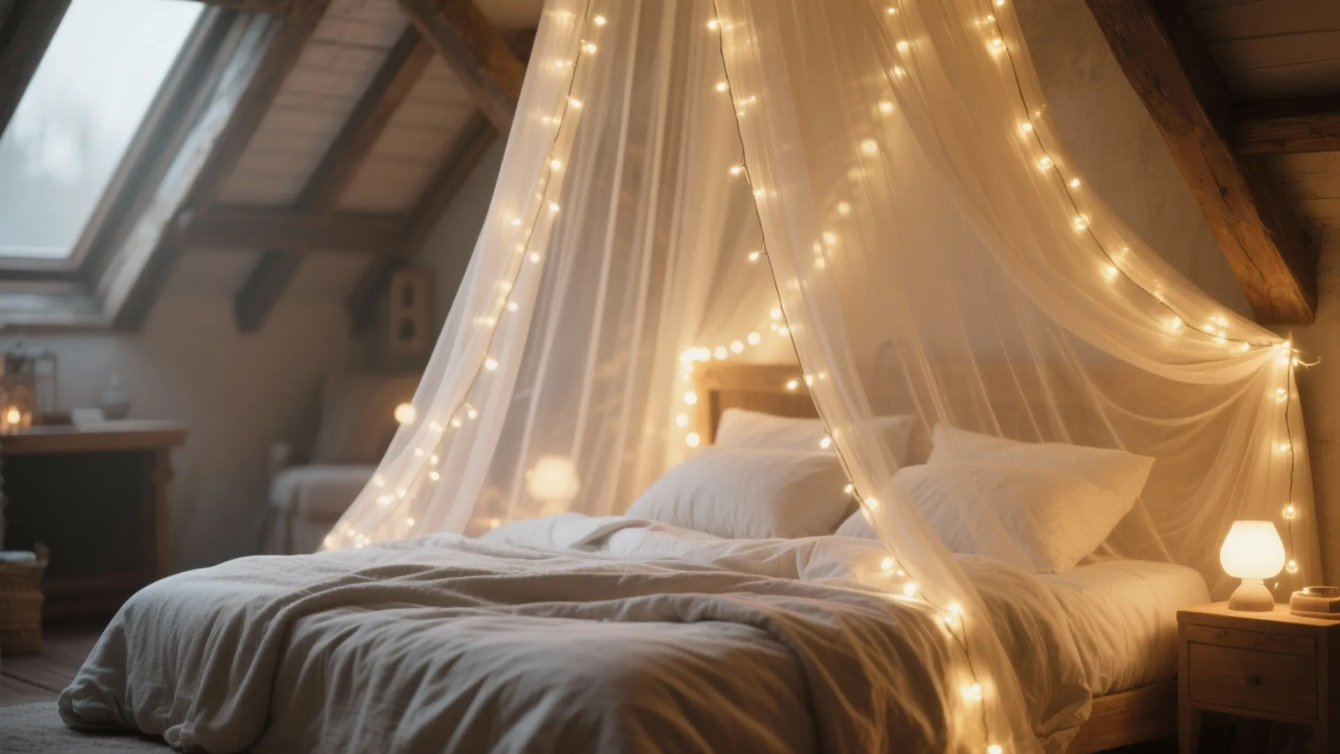 Attic bedroom featuring white bed with a net canopy decorated with glowing warm fairy lights