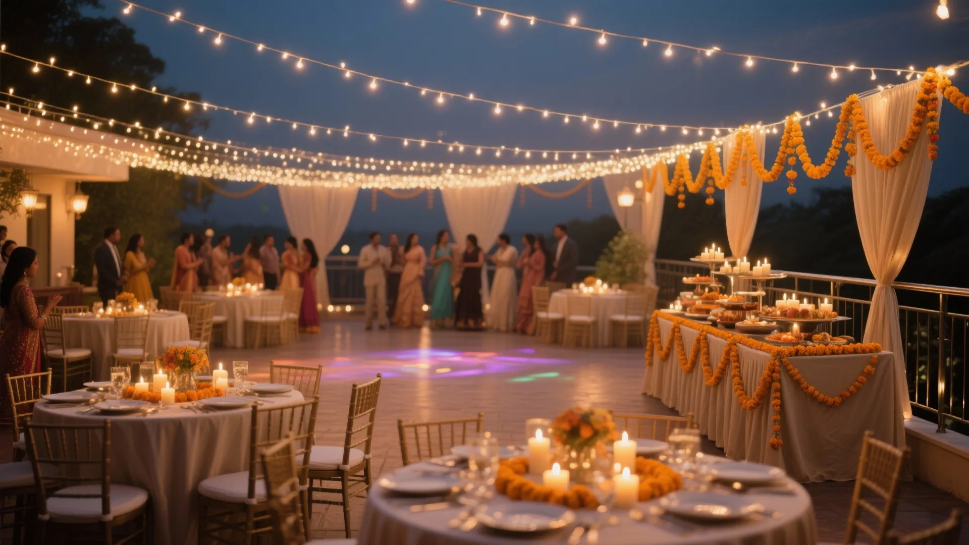 Warm fairy light canopy on a small terrace sangeet with dimmable ambiance and clear dance aisle.