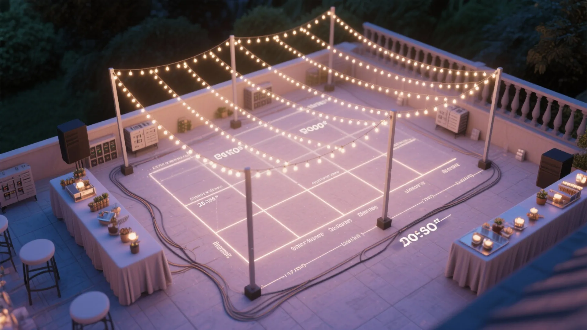 Top-down layout of fairy light canopy with dimmers, circuits, and cleared dance zone on a small terrace.