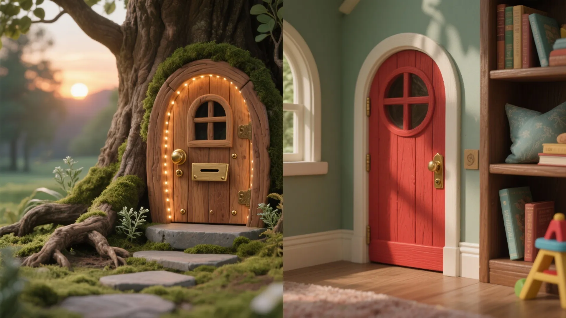 Side by side comparison of a tiny outdoor wooden door and a miniature red indoor door