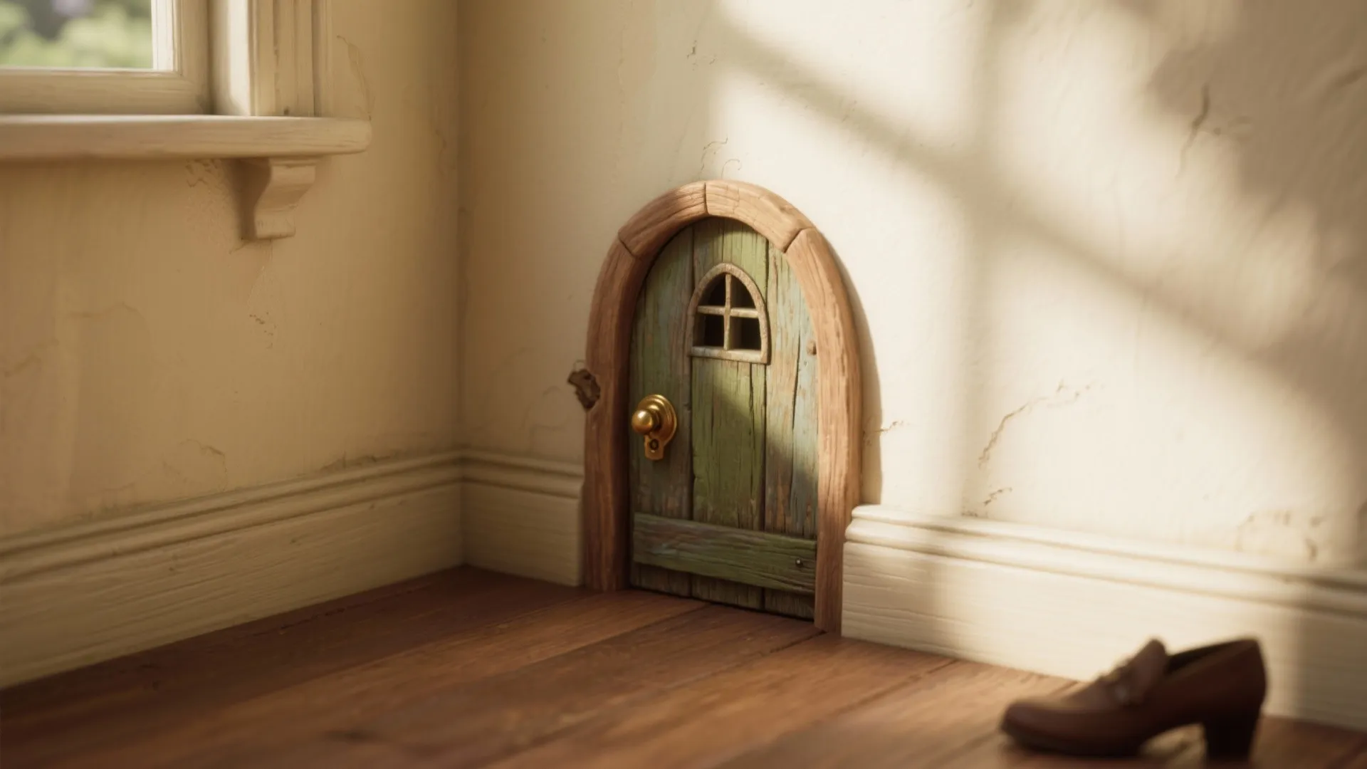 Small green wooden fairy door installed on a cream wall above a brown wood floor