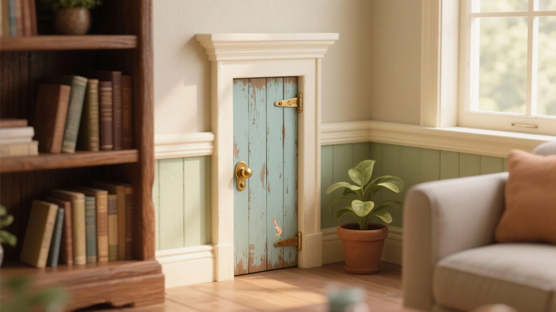 Miniature blue wooden door on wall near bookshelf and green plant in cozy living room