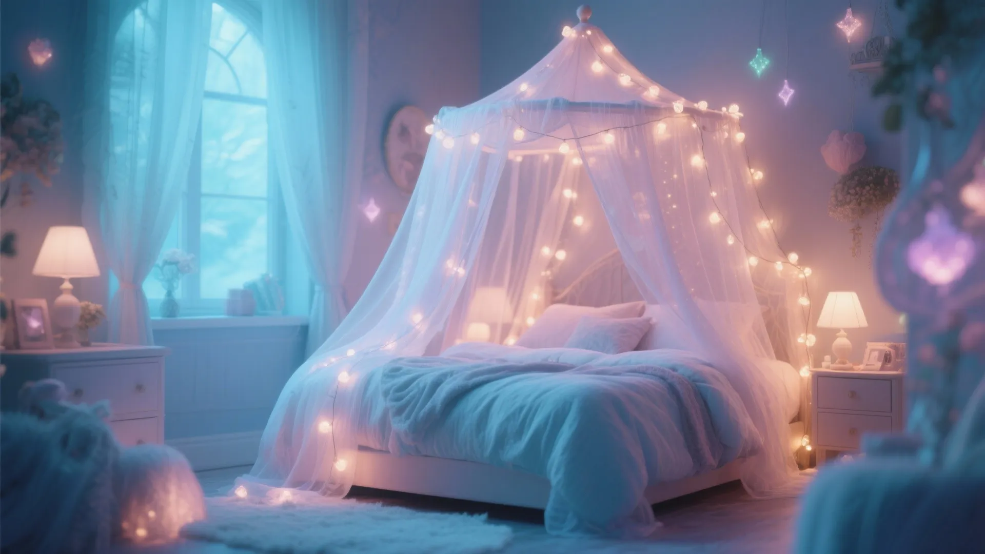 Dreamy bedroom with a white canopy bed decorated with small glowing string lights and curtains