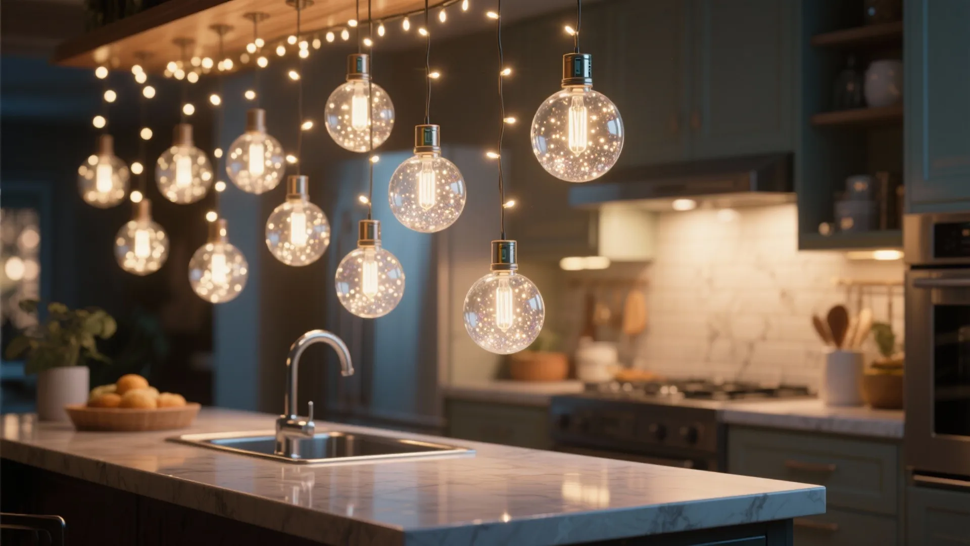 Modern kitchen island with marble countertop featuring hanging string lights and warm glowing ceiling light bulbs