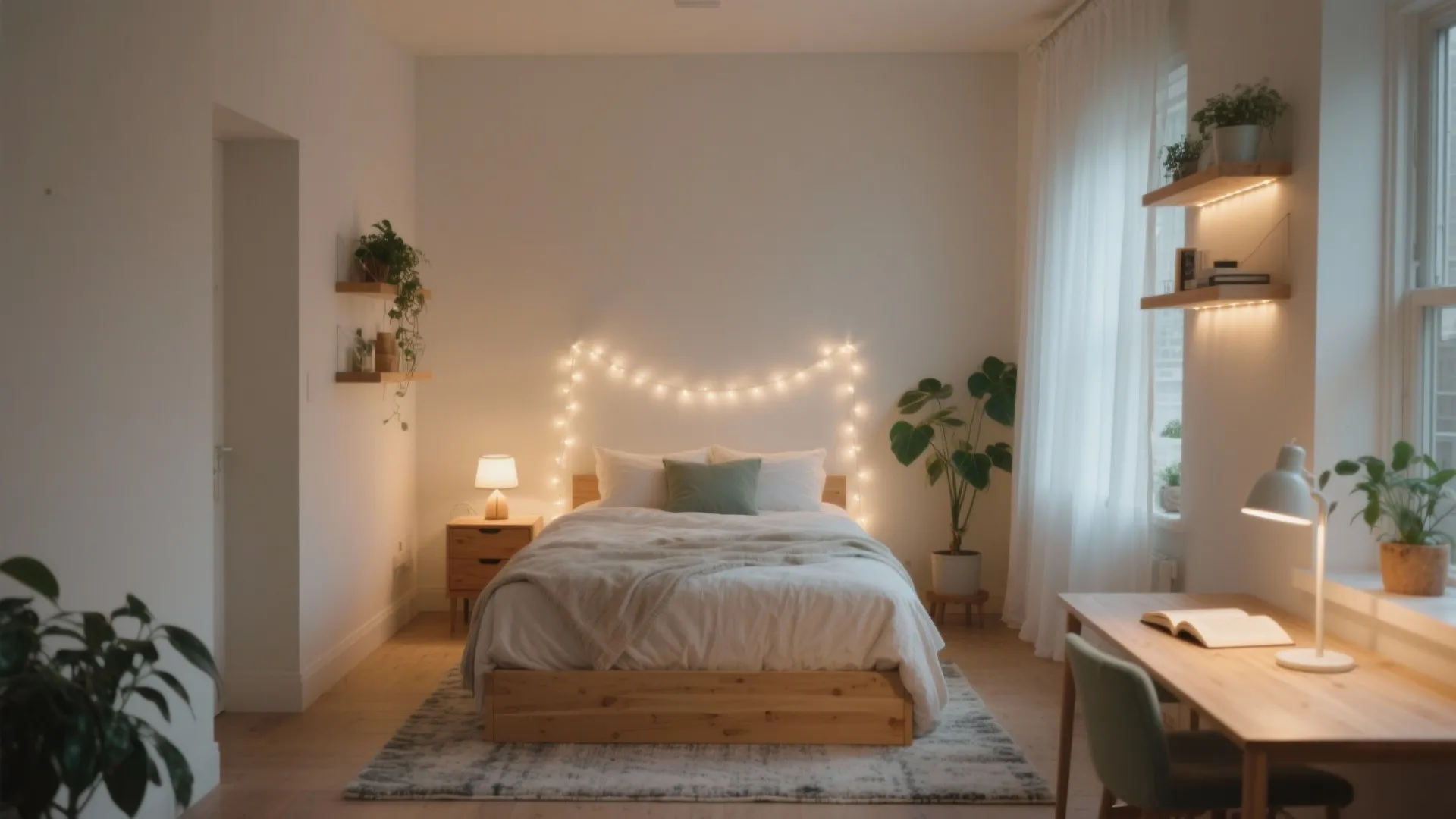 Cozy bedroom interior with string lights above bed wooden desk table plants and natural light